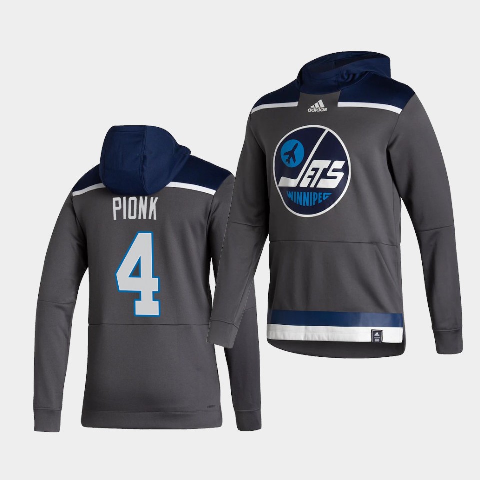 Men Winnipeg Jets #4 Pionk Grey NHL 2021 Adidas Pullover Hoodie Jersey